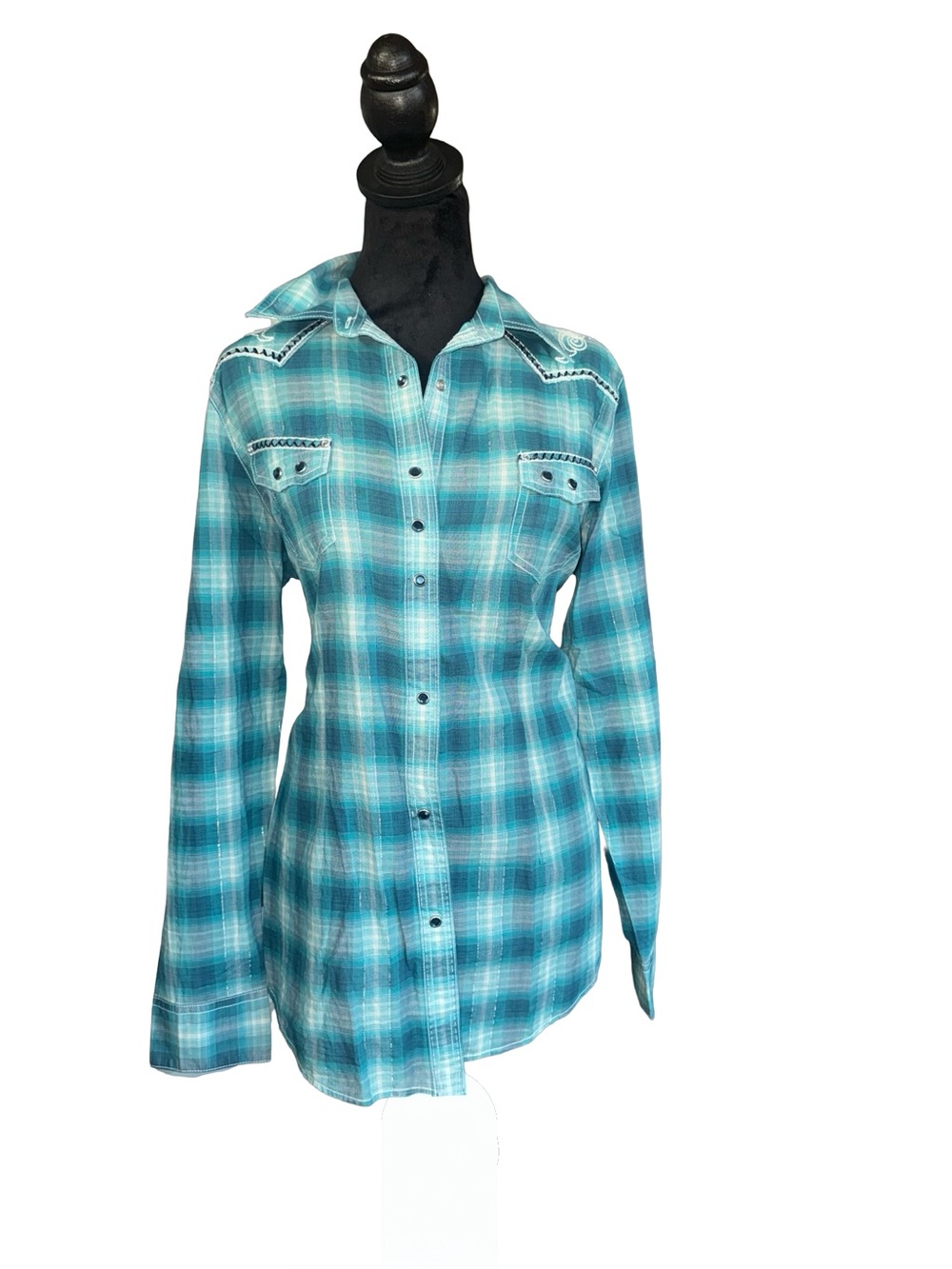 Wrangler Rock 47 Women Plaid Embroidered Bling Jewel Snap Long Sleeve Shirt L